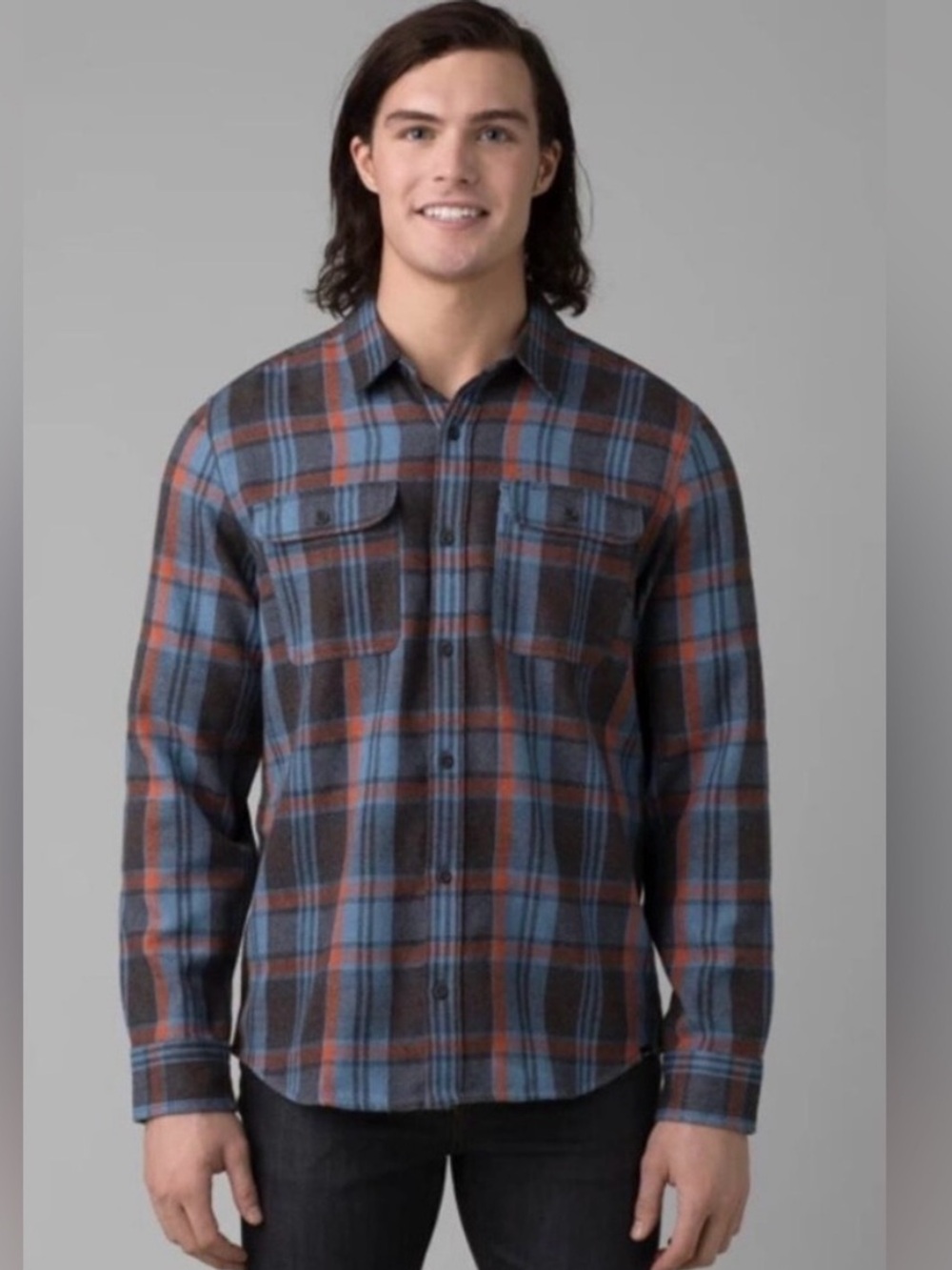 Prana M’s Westbrook Flannel Blue Brown Plaid Slim Fit Button-Up Shirt